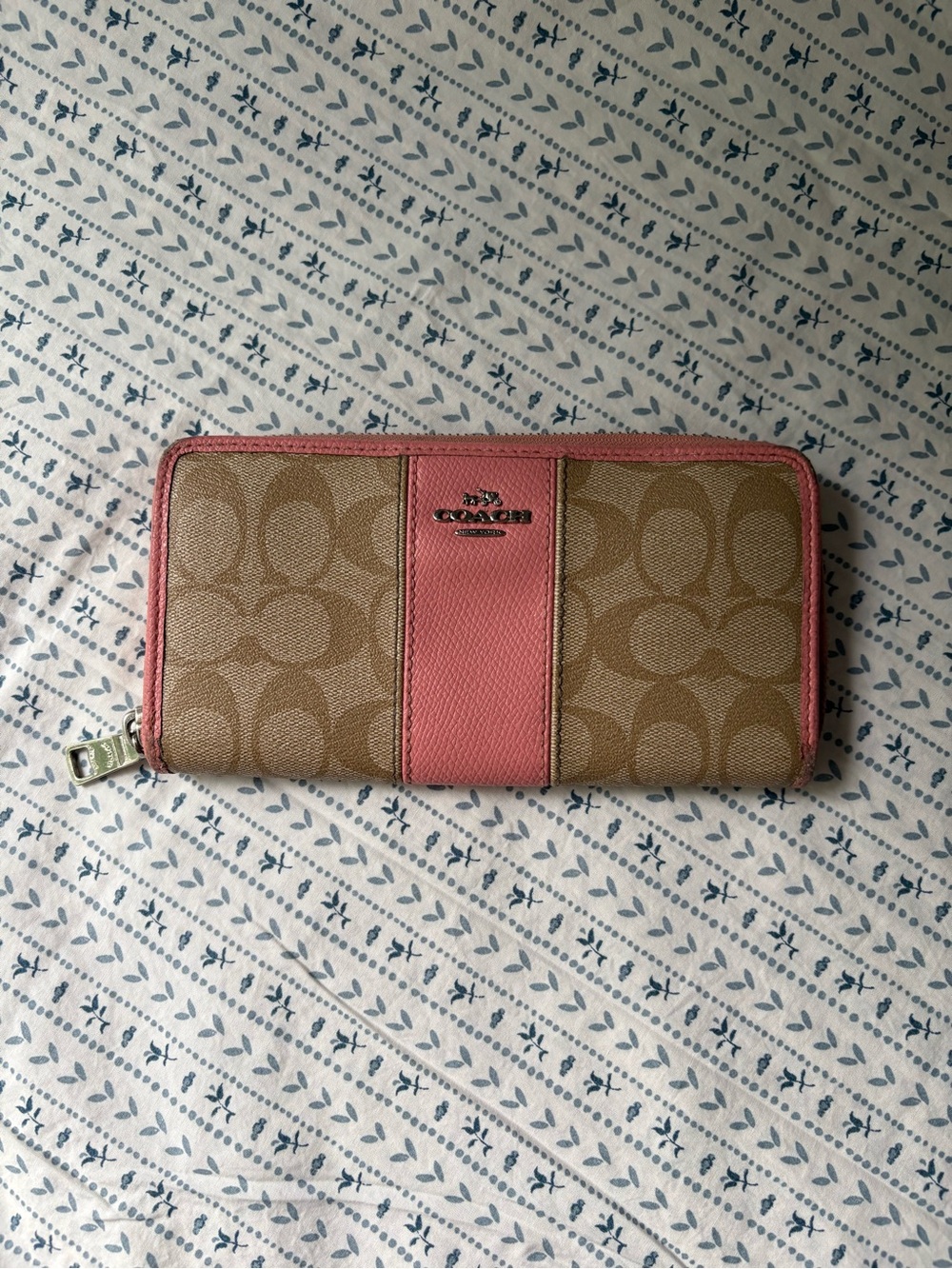 Coach Tan Signature Canvas Wallet with Pink Trim